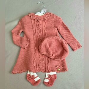 Pink Knit Sweater Dress with matching tights and Beret